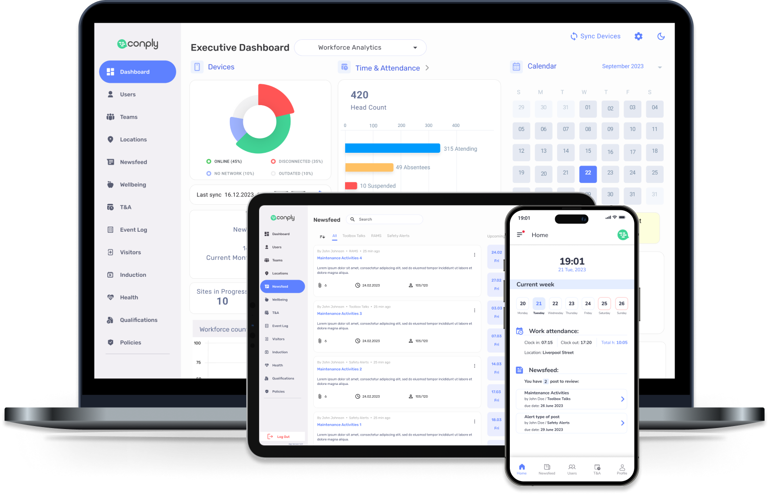 The Conply dashboard on desktop, tablet and phone